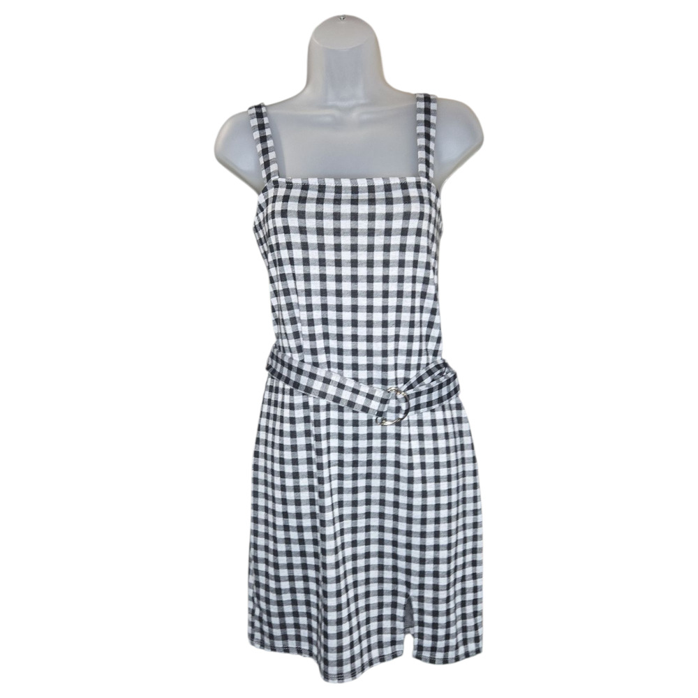 Just Polly Wom Jrs LG Plaid Sleeveless Dress Black Gray Check Belted Party Dress